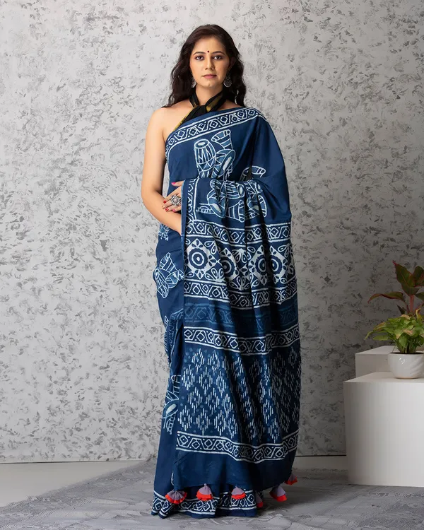 Indigo_Cotton_Dhol_Hblock_Print_Mulmul_Saree_For_Women